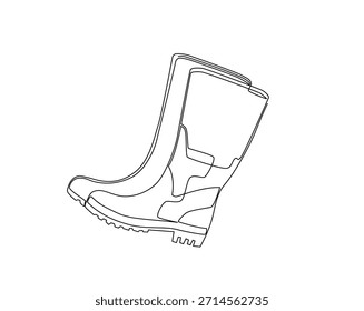Un dibujo de línea continua de botas de agricultor. Botas de goma ilustración de dibujo de contorno. 