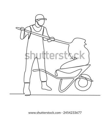 One continuous line drawing of Farmer activity vector illustration with white background. Farmer activity are preparing the soil, seeding, irrigating, weeding, and collecting the mature crops.