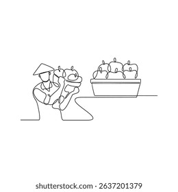 One continuous line drawing of a Farmers, harvests, and distribution to cities vector illustration. National development themes design in simple linear concept. Suitable for your asset education.