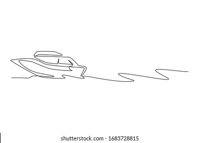 One Continuous Line Drawing Of Fast Speed Boat Sailing On The Sea. Water Transportation Vehicle Concept. Dynamic Single Line Draw Design Vector Illustration Graphic