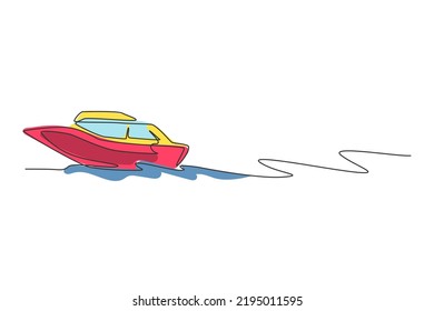 One Continuous Line Drawing Of Fast Speed Boat Sailing On The Sea. Water Transportation Vehicle Concept. Dynamic Single Line Draw Design Vector Illustration Graphic