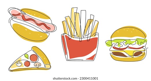 One continuous line drawing of fast food: burger, hot dog and french fries in line art drawing style. Takeout food, street food linear color sketch for menu, banner, poster. Vector doodle illustration