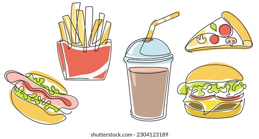 Eine durchgehende Zeichnung von Fast Food: Hamburger, Hot Dog, Milchshake, Pizza im Art Zeichnen Stil. Verkostung, Straßennahrungsmittel lineare Farbskizze für Menü-Banner-Plakette Vectordoodle