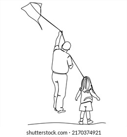 One continuous line drawing of a father and daughter having fun flying a kite. A father plays with a child and runs in the park. Dynamic one line draw graphic design vector illustration