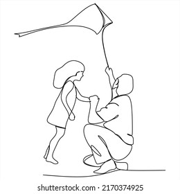 One continuous line drawing of a father and daughter having fun flying a kite. A father plays with a child and runs in the park. Dynamic one line draw graphic design vector illustration