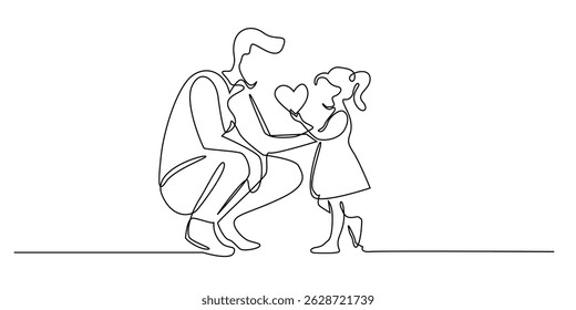one continuous line drawing of father playing with daughter.one line drawing of holiday.child care,family time