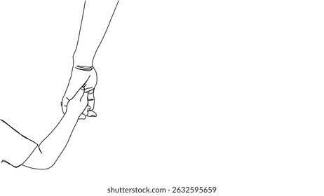 One continuous line drawing of father holding child’s hand, Single line vector illustration. relationship between father and baby. Illustration family hand concept.
