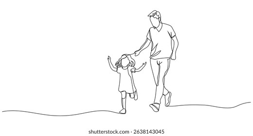 One continuous line drawing of father and daughter, editable line, Father's Day. Father and daughter enjoying a joyful walk together on a sunny day in a peaceful park setting