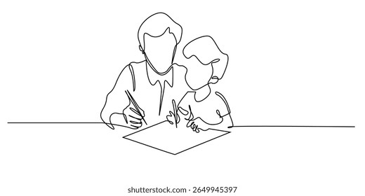 one continuous line drawing of father accompanying child studying.single line homework.education concept.line art eps 10