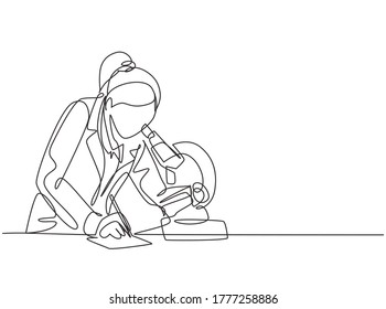 One Continuous Line Drawing Of Female Scientist Researching Antibiotic Formula Using Microscope To Find Covid Vaccine. Coronavirus Medical Research Concept Single Line Draw Design Vector Illustration