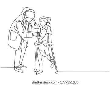 One continuous line drawing of female pediatric doctor doing therapy by helping young girl patient walk using crutches. Medical health care concept single line draw design vector illustration