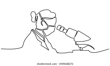 One continuous line drawing of female scientist researching antibiotic formula using microscope to find covid vaccine. Coronavirus medical research concept single line draw design vector illustration.