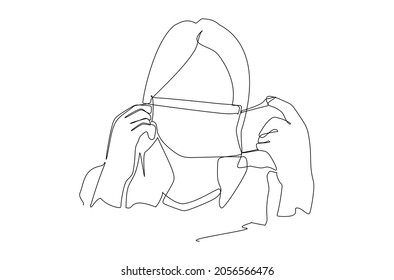 Eine durchgehende Ziehfrau verwendet eine medizinische Gesichtsmaske. Konzept des Coronavirus. Durchgängige, einzelne Person in Maske, eine handgezeichnete Bildersilhouette. Line Art. Doodle. Vektorgrafik