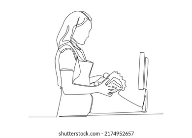 One continuous line drawing of female cashier scanning grocery items at supermarket. Shopping Mall concept. Single line draw design vector graphic illustration.