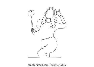 One continuous line drawing of a The female vlogger closes her vlog by giving a thumbs up

