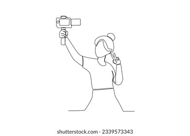 One continuous line drawing of a female vlogger is posing to entertain her followers
