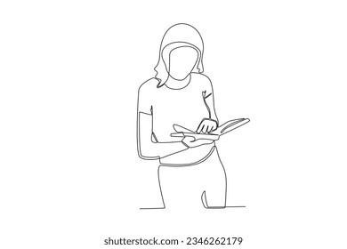 One continuous line drawing of a female librarian checking a customer_s recently returned book
