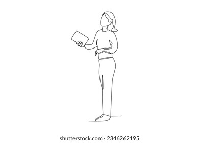 One continuous line drawing of a female librarian is looking for books

