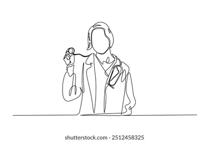 One continuous line drawing female doctor with stethoscope. Health care concept in single line illustration.