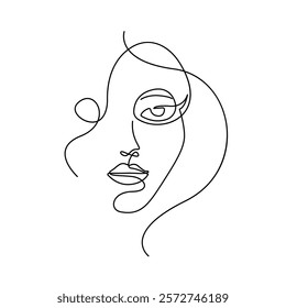 One Continuous Line Drawing of Female Face for Modern Design. Woman Portrait Minimalistic Linear Style for Home Modern Decoration. Female Portrait Outline Editable Stroke Vector Illustration. Not AI