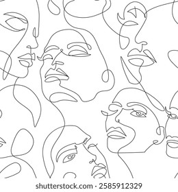 One Continuous Line Drawing of Female Face Seamless Pattern. Woman Portrait Print in Minimalistic Linear Style for Fabric, Textile, Pattern Design. Female Outline Editable Stroke Vector Illustration.