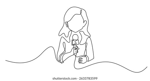 one continuous line drawing of a female television reporter,doing a live broadcast.holding a microphone.isolated on a white background