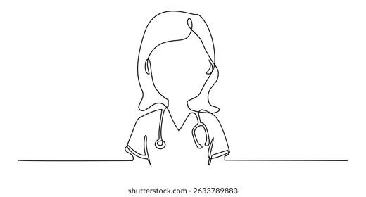 Un dibujo de línea continua de mujer doctor.Standing frente usando estetoscopio, concepto de salud, hospital.