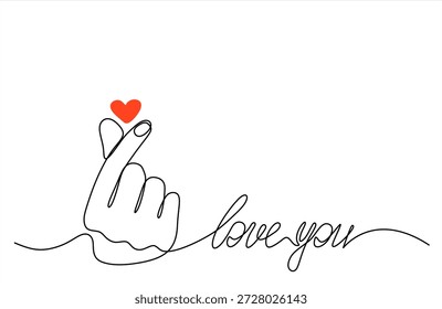 Eine durchgehende Linie Zeichnung der weiblichen Hand, die eine koreanische Herzgeste mit Daumen und Zeigefinger macht, die eine winzige Herzform bilden. Symbolisierung von Liebe, Fürsorge und Zuneigung.  Handgezeichnet.Bearbeitbarer Strich	