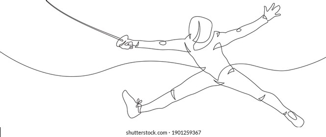One continuous line drawing of fencing man. Fencer attack