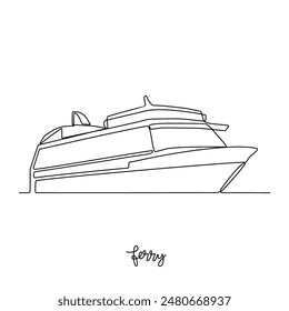 One continuous line drawing of Ferry vector illustration. Sea transportation themes design concept with simple linear style. Sea transportation involve moving goods and people across body of water.