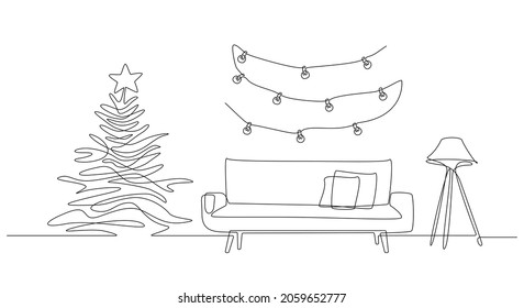 One continuous Line drawing of festive interior with sofa, lamp and christmas tree and garland. Stylish furniture for living room decor in simple linear style. Editable stroke Vector illustration