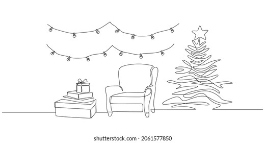 One continuous Line drawing of festive interior with armchair and tree, gift boxes and garland. Stylish furniture for living room decor in simple linear style. Vector illustration