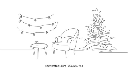 One Continuous Line Drawing Of Festive Interior With Armchair And Christmas Tree, Table And Garland. Modern Furniture For Living Room Decor In Simple Linear Style. Doodle Vector Illustration