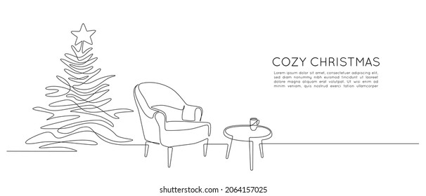 One continuous Line drawing of festive interior with armchair and christmas tree, table and garland. Web banner Modern furniture for living room decor in simple linear style. Vector illustration