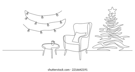 One continuous Line drawing of festive interior with armchair and christmas tree, table and garland. Modern cozy furniture for living room decor in simple linear style. Doodle vector illustration