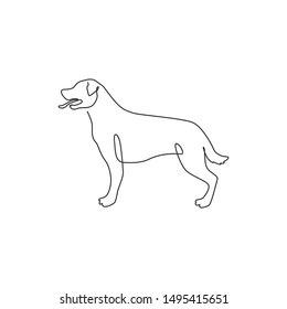 One continuous line drawing of fierce rottweiler dog for security company logo identity. Purebred dog mascot concept for pedigree friendly pet icon. Modern single line draw design vector illustration