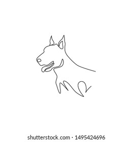 One continuous line drawing of fierce doberman dog for security company logo identity. Purebred dog mascot concept for pedigree friendly pet icon. Modern single line draw design vector illustration