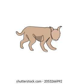Un dibujo de línea continua de lince feroz para la identidad del logo de la compañía. Concepto de mascota animal de mamíferos felinos para icono del parque nacional de conservación. Ilustración vectorial de diseño de trazos de línea única moderna