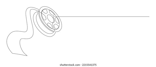 One continuous line drawing of film reel with long tape. Retro old movie and cinema roll in simple linear style. Vintage video filmstrip in editable stroke for web banner. Doodle vector illustration