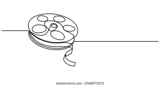 One continuous line drawing of film reel with long tape. Retro old movie and cinema roll in simple linear style. Vintage video filmstrip in editable stroke, film reel with long tape continuous vector.