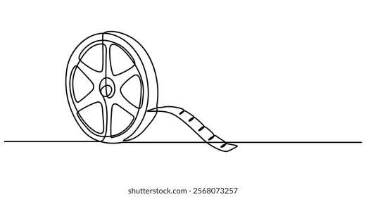 One continuous line drawing of film reel with long tape. Retro old movie and cinema roll in simple linear style. Vintage video filmstrip in editable stroke, film reel with long tape continuous vector.