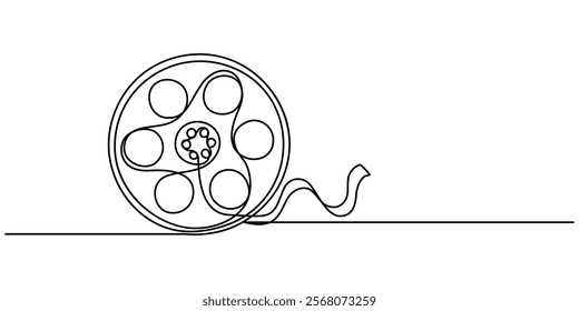 One continuous line drawing of film reel with long tape. Retro old movie and cinema roll in simple linear style. Vintage video filmstrip in editable stroke, film reel with long tape continuous vector.