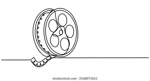 One continuous line drawing of film reel with long tape. Retro old movie and cinema roll in simple linear style. Vintage video filmstrip in editable stroke, film reel with long tape continuous vector.