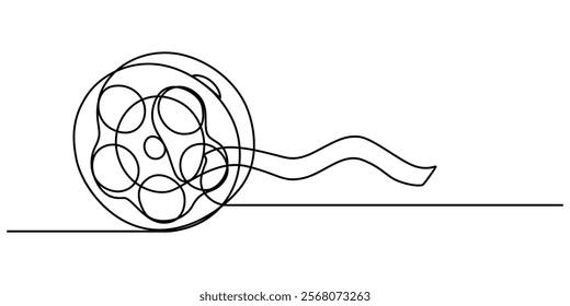 One continuous line drawing of film reel with long tape. Retro old movie and cinema roll in simple linear style. Vintage video filmstrip in editable stroke, film reel with long tape continuous vector.