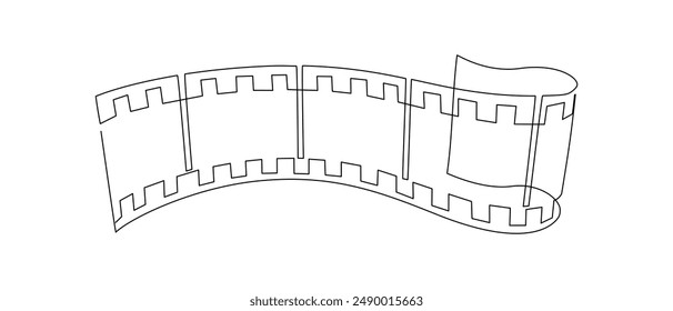 One continuous line drawing of filmstrip. Retro old movie and cinema roll in simple linear style. Vintage video film strip in editable stroke for web banner. Doodle vector illustration