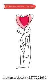 One continuous line drawing of fingers and a red pink doodle heart flower. Vector illustration of a simple one line drawing of fingers and a heart flower as a symbol of love, hope, beauty, and elegant