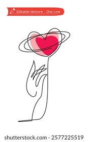 One continuous line drawing of fingers, heart and circle line. Vector illustration of one line drawing of easy fingers and heart in red pink doodle style as a symbol of protection, care, health, love.