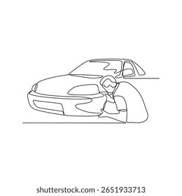 Un dibujo de línea continua de la ilustración de diseño de Vector de coche de acabado. Diseño de temas de actividad de la fábrica de automóviles en concepto de Vector lineal simple. Adecuado para su campaña de negocio y diseño de activos.