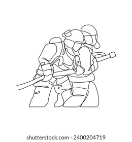 One continuous line drawing of The fire fighter brigade is on duty to put out the blazing fire vector illustration. Fire Fighting design illustration simple linear style vector concept.