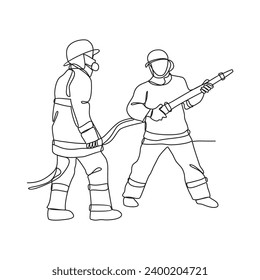 One continuous line drawing of The fire fighter brigade is on duty to put out the blazing fire vector illustration. Fire Fighting design illustration simple linear style vector concept.